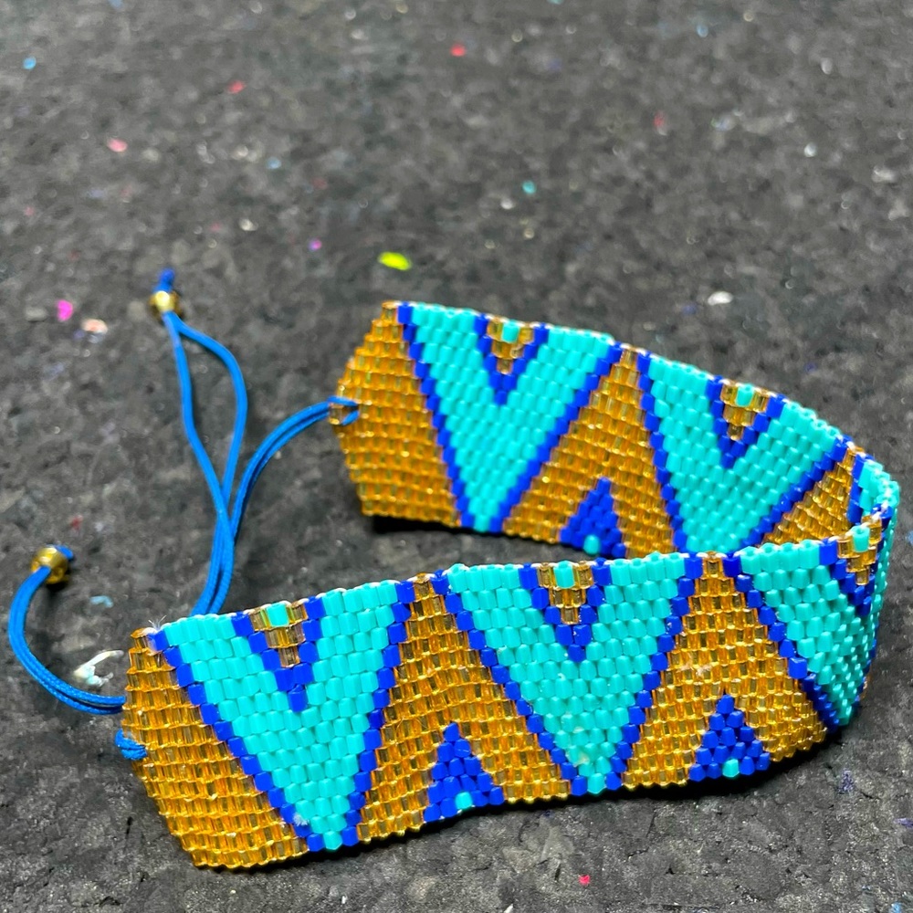 Earthbound Beaded Blue and Gold Boho Cuff Bracelet - Picture 3 of 6